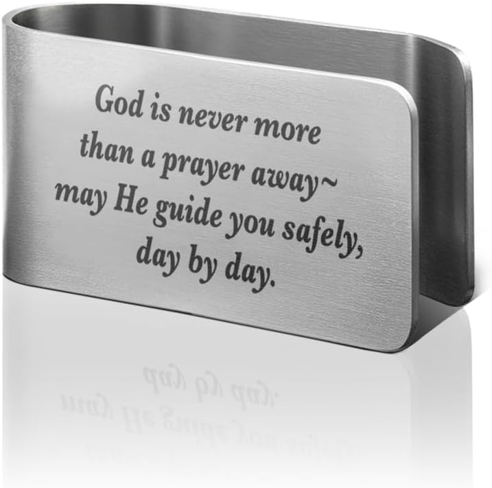 PUVOXHO God is Never More Than A Prayer Away Engraved Stainless Steel Car Visor Clip, Travels Visor Car Accessories, Guardian Angel Safe Driving Gifts for Family Friend Driver, New Driver Gifts - Image 1
